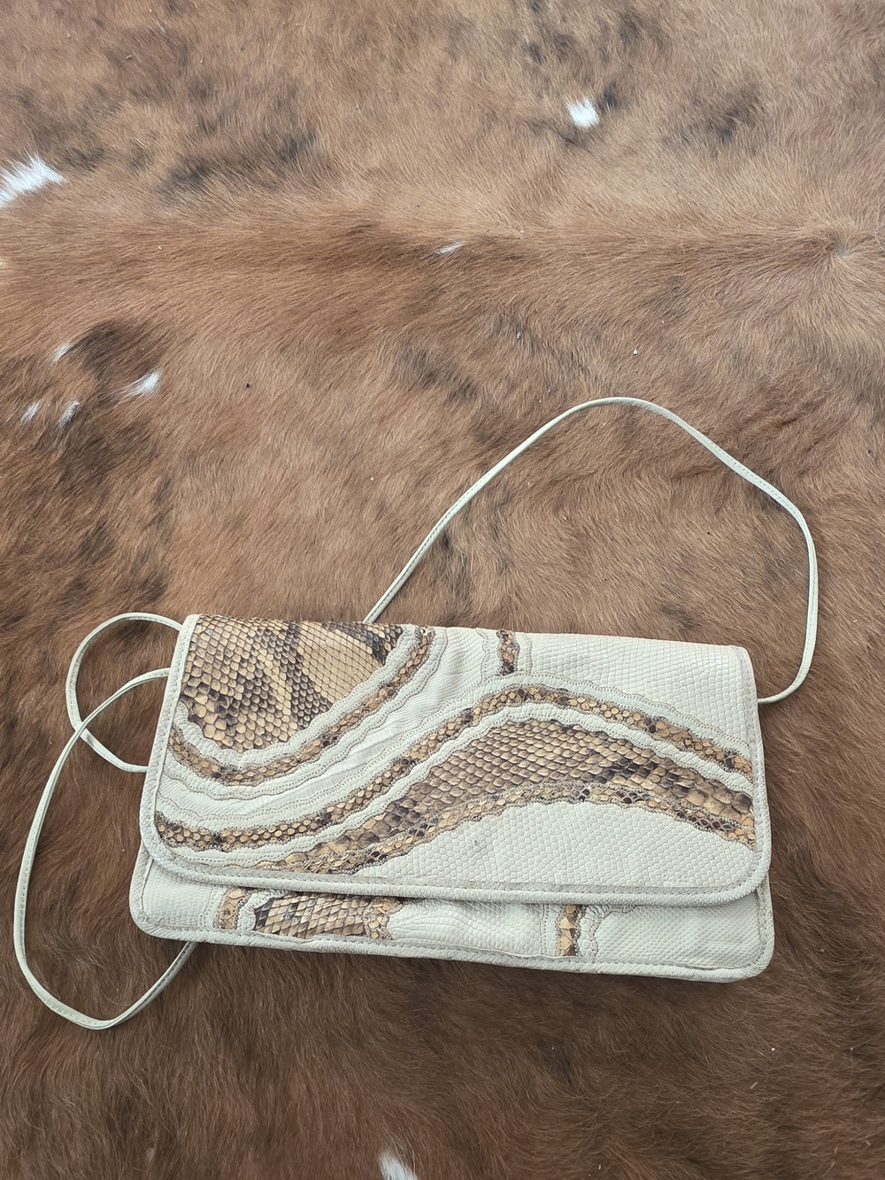 Cream Snake-Skin Clutch with Crossbody Strap